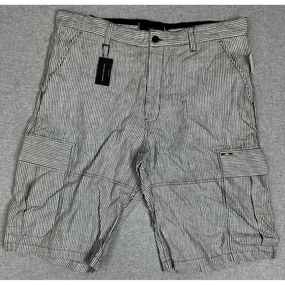 NWT 100% Linen Cargo Shorts 40 13" Black Hickory Stripe Baggy Multi Pocket Cavi